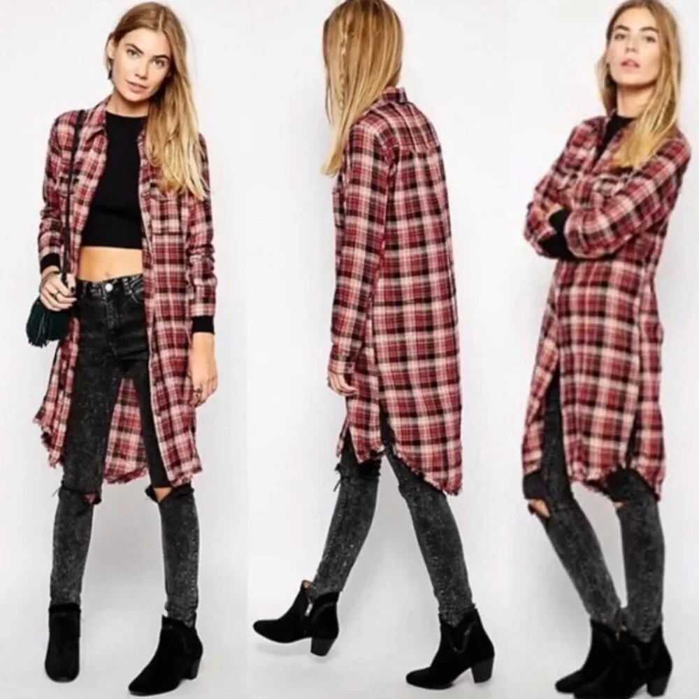 Free People Eight Days A Week Plaid Button Down Shirt Dress, Red/Navy Blue, sz S
